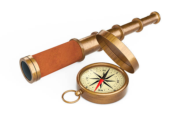 istock Golden Vintage Telescope Spyglass with Compass. 3d Rendering 640029796