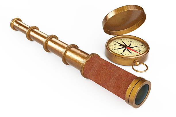 istock Golden Vintage Telescope Spyglass with Compass. 3d Rendering 640029822