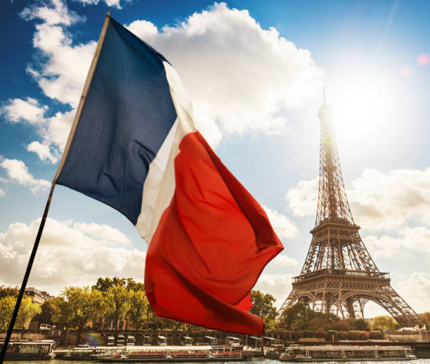 Tour eiffel tower at sunset Tour eiffel tower french flag photos stock pictures, royalty-free photos & images