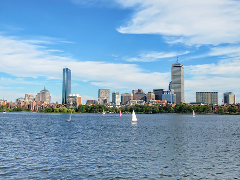 Panoramic view of Boston and Charles river from Cambridge, MA