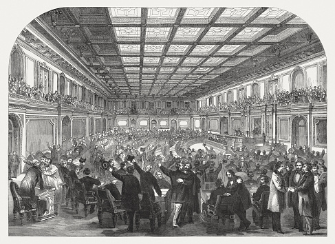 The House of Representatives passed the constitutional amendment to abolish slavery in the United States on January 31, 1865. Wood engraving, published in 1865.