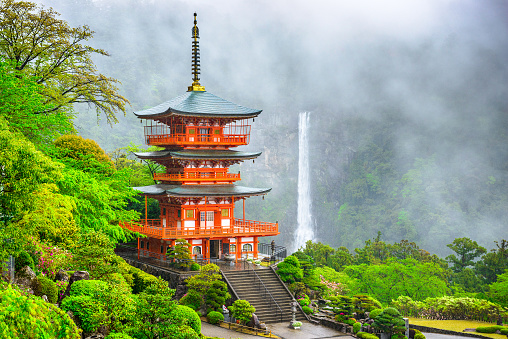 Nachi, Japan - April 22, 2014: Seiganto-ji Pagoda and Nachi no Taki waterfall on the Kii Peninsula of Japan at twilight. It is a designated UNESCO World Heritage Site.