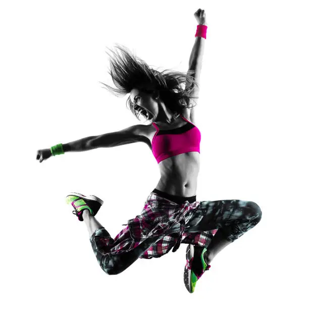 one caucasian woman fitness exercises dancer dancing isolated in silhouette on white background