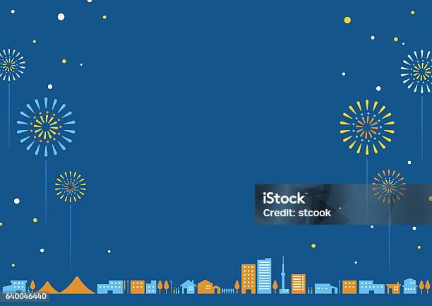 City Landscape Summer Night Stock Illustration - Download Image Now - Firework - Explosive Material, Firework Display, Vector