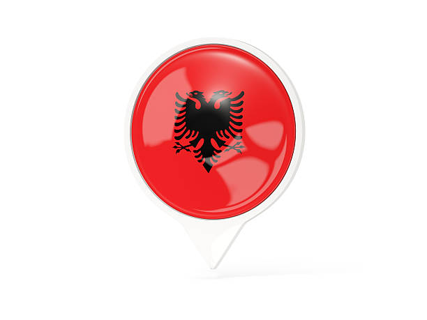 Round white pin with flag of albania isolated on white. 3D illustration