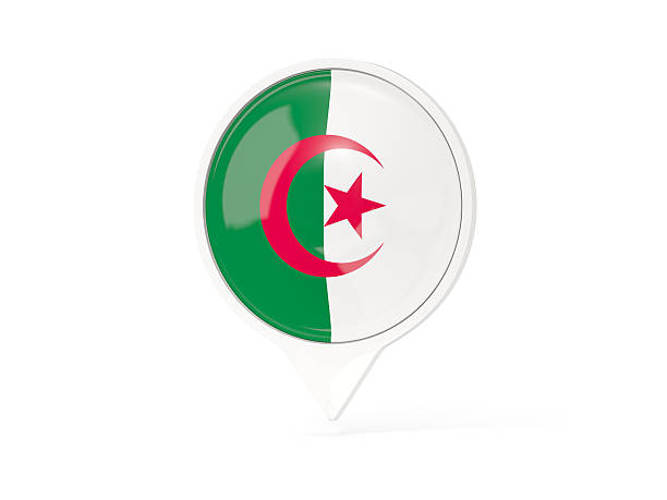 Round white pin with flag of algeria isolated on white. 3D illustration