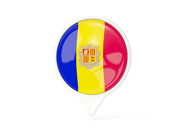 Round white pin with flag of andorra isolated on white. 3D illustration