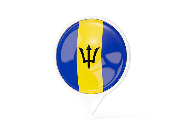 Round white pin with flag of barbados isolated on white. 3D illustration