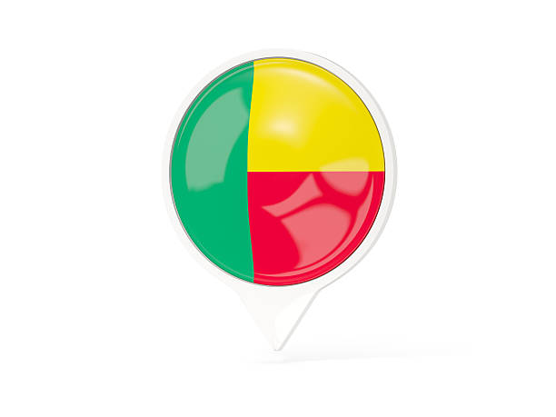 Round white pin with flag of benin isolated on white. 3D illustration