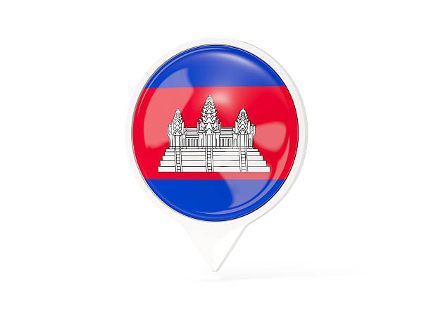 Round white pin with flag of cambodia isolated on white. 3D illustration