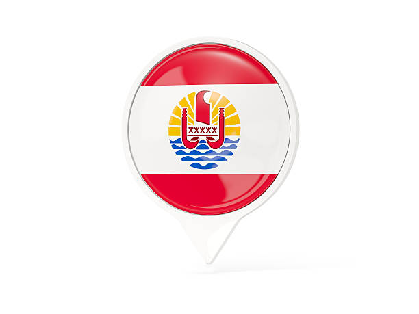 Round white pin with flag of french polynesia isolated on white. 3D illustration