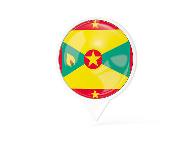 Round white pin with flag of grenada isolated on white. 3D illustration