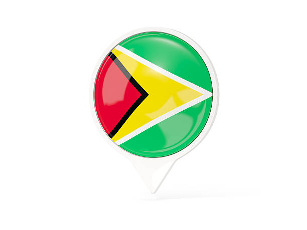Round white pin with flag of guyana isolated on white. 3D illustration