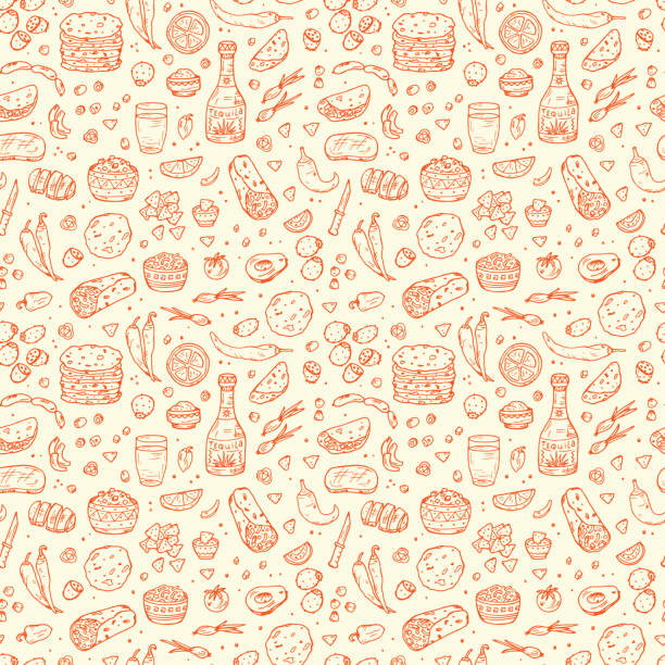 mexikanischer tradition essen nahtlose musterung. tequila, tortillas, tacos, burritos, nachos - mexikanische küche stock-grafiken, -clipart, -cartoons und -symbole