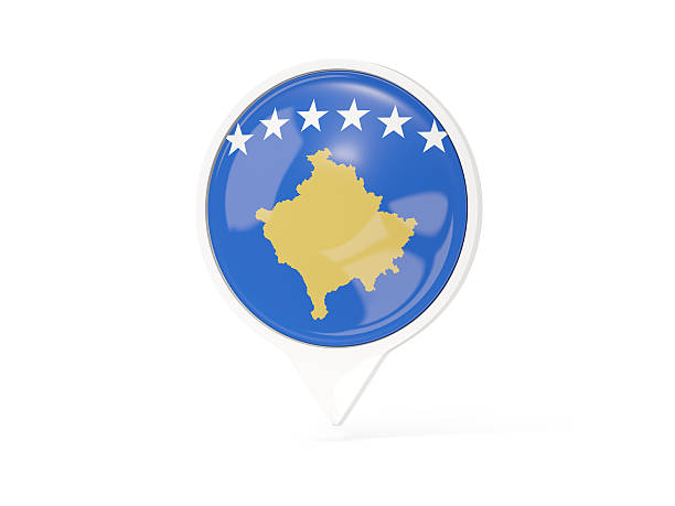 Round white pin with flag of kosovo isolated on white. 3D illustration