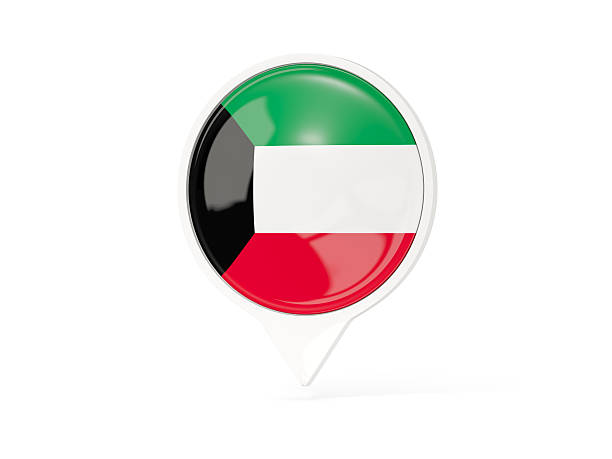 Round white pin with flag of kuwait isolated on white. 3D illustration