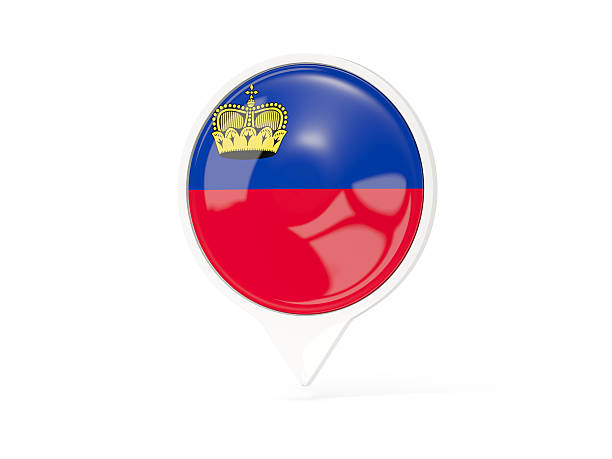 Round white pin with flag of liechtenstein isolated on white. 3D illustration