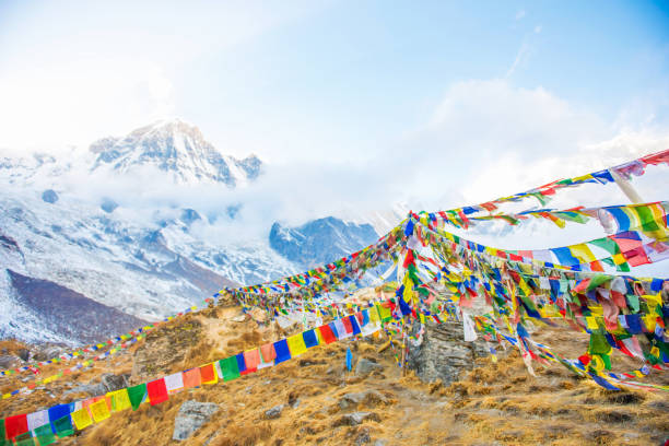 istock color prayer flags on top of Annapurna base camp 640051878