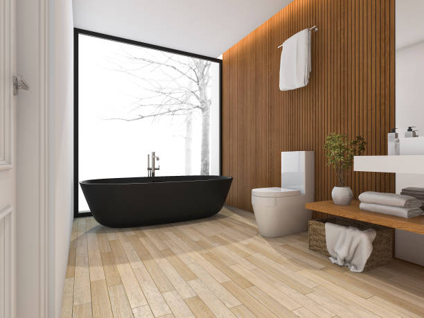 istock 3d rendering luxury bathroom near window with bathtub 640052304