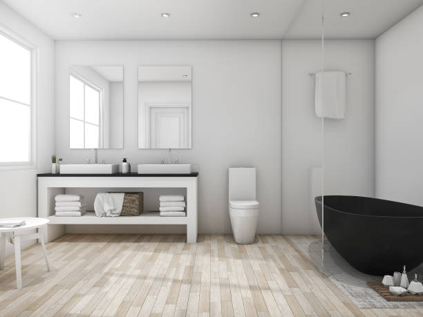istock 3d rendering minimal loft bathroom with black bathtub 640052336