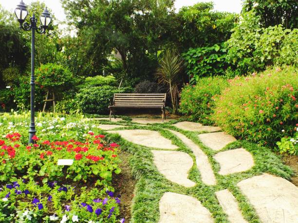 istock path way in garden with green grass background; 640052390
