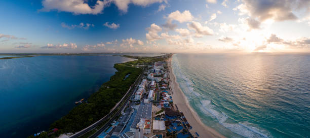 Cancun Hotel Row Aerial A wide, panoramic, aerial view of hotel row in Cancun. kruis stock pictures, royalty-free photos & images