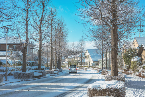 Snow scene of the residential area in Sendai, Japan