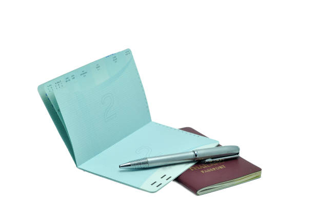 istock Opened Banknote and passport silver pen on white background, bus 640053328