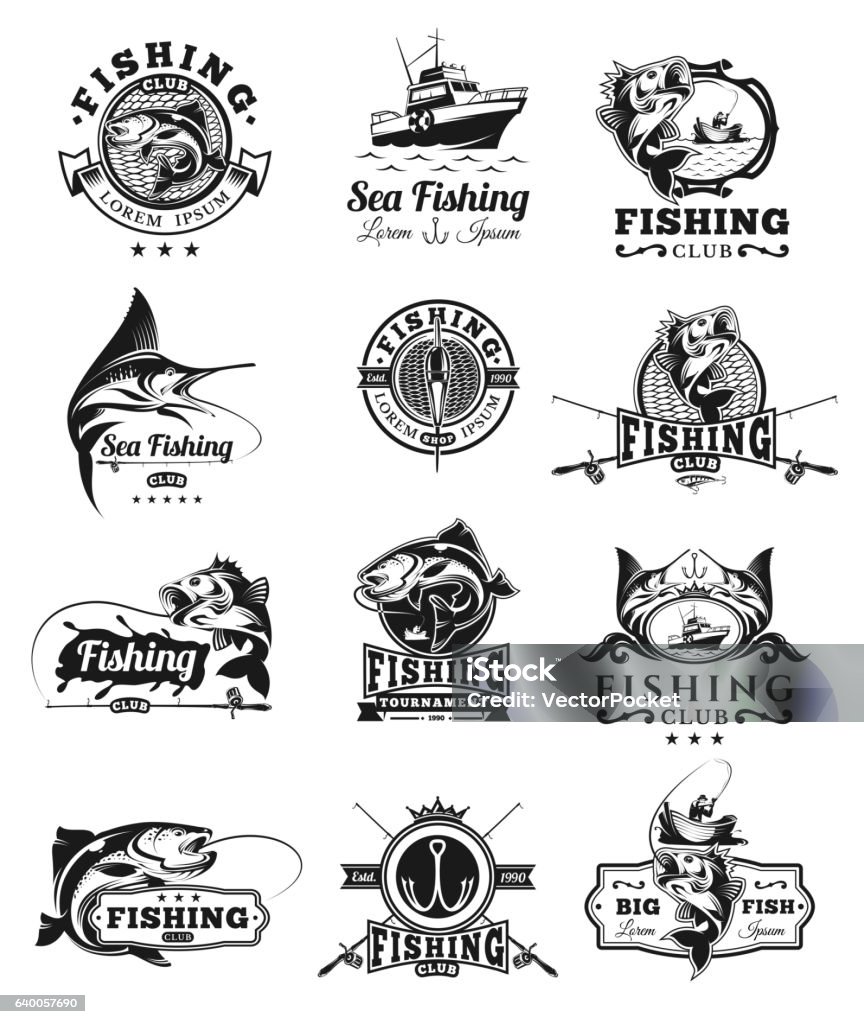 Conjunto de insignias vectoriales, pegatinas en la captura de peces. - arte vectorial de Industria de la pesca libre de derechos
