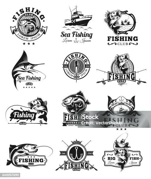 Set Of Vector Badges Stickers On Catching Fish Stock Illustration - Download Image Now - Fishing, Fishing Industry, Fishing Rod