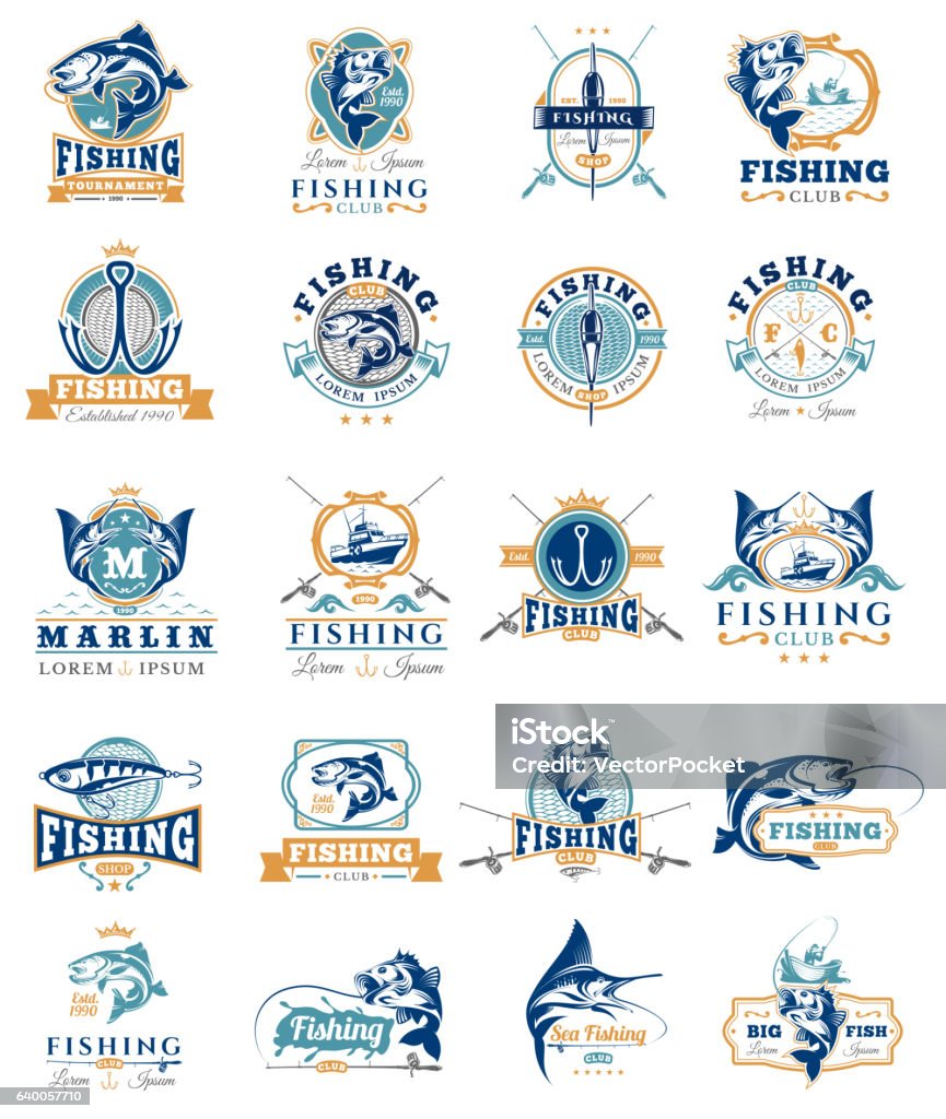 Set of vector badges, stickers on catching fish. Big set of vector badges, stickers on catching fish. Emblems for fishing club, tournaments Fishing stock vector