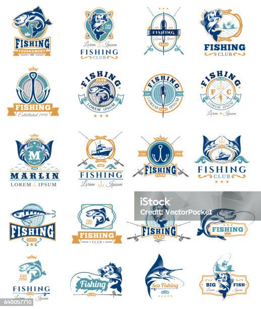 Set Of Vector Badges Stickers On Catching Fish Stock Illustration - Download Image Now - Fishing, Fishing Industry, Competition