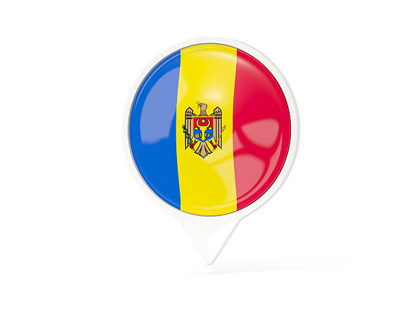 Round white pin with flag of moldova isolated on white. 3D illustration