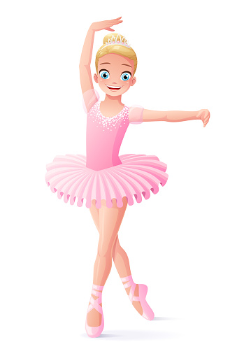 Vector cute smiling young dancing ballerina girl in pink tutu.