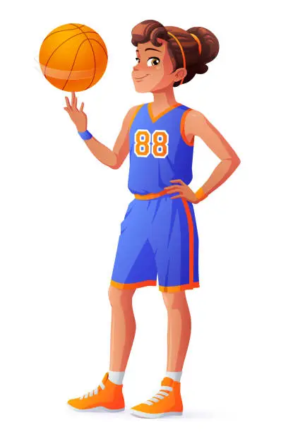 Vector illustration of Vector young pretty basketball player girl spinning ball on finger.