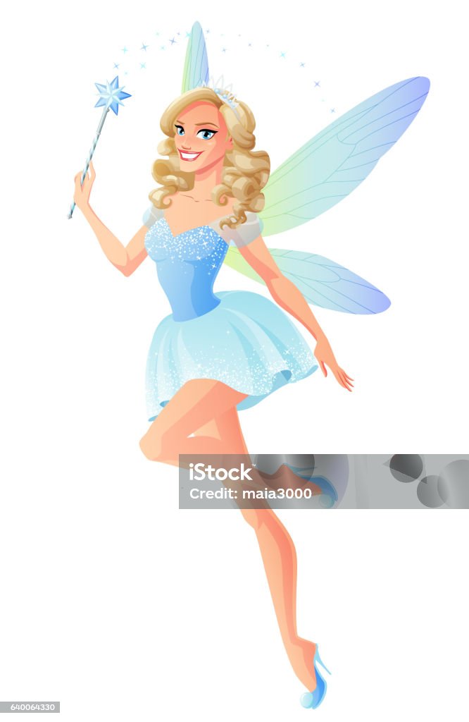 Vector beautiful blue fairy with magic wand and dragonfly wings. Beautiful blue fairy with magic wand and dragonfly wings. Cartoon style illustration isolated on white background. Fairy stock vector