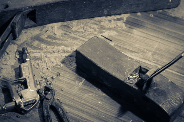 istock wood workshop with handcraft tools and raw wood on construction 640069272