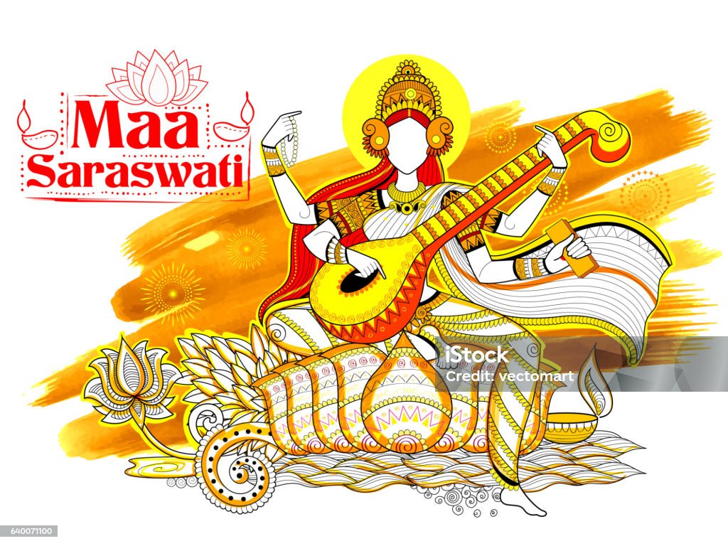 Goddess Of Wisdom Saraswati For Vasant Panchami India Festival Background  Stock Illustration - Download Image Now - iStock