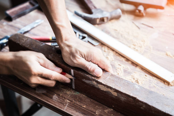 istock wood workshop with handcraft tools and raw wood on construction 640071472