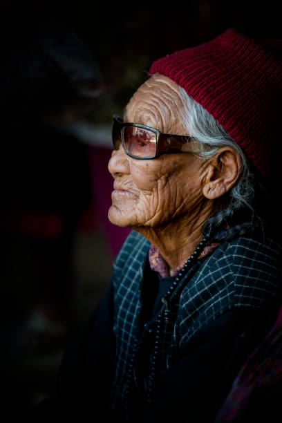 Tibetan Woman from Ladakh during monastery estival in Ladakh Phyang, India - July 14, 2015: Elderly Tibetan woman from Ladakh is watching and listening to traditional music during in a festival in the courtyard of Phyang Monastery, Ladakh. phyang monastery stock pictures, royalty-free photos & images