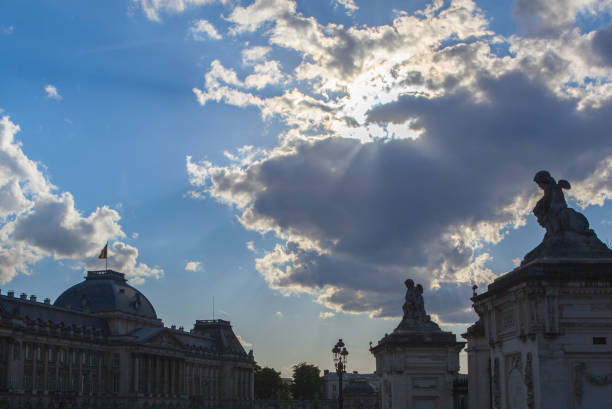 Dark rain clouds over the buildings of Brussels, Belgium