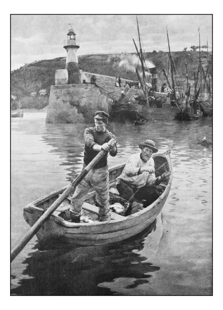 Antique dotprinted photograph of painting: Men on boat Antique dotprinted photograph of painting: Men on boat fisherman photos stock illustrations