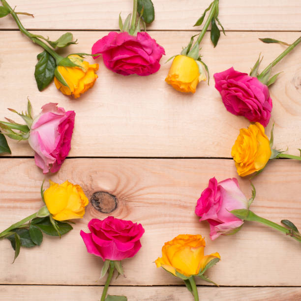istock Bunch of roses on wooden background with copy-space 640076574