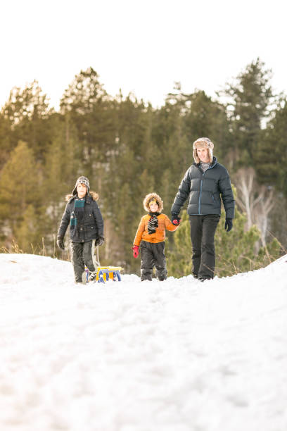 istock Father and sons walking in snowy forest 640078958