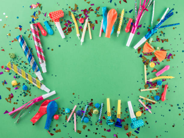istock Party frame with party confetti, balloons, streamers, noisemaker 640081286