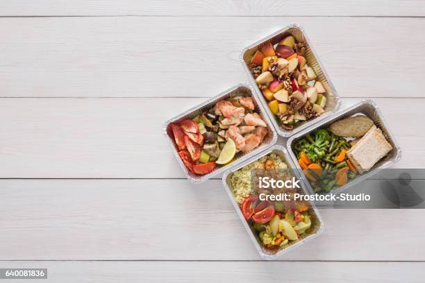 Healthy Food Take Away In Boxes Top View At Wood Stock Photo - Download Image Now - Box - Container, Take Out Food, Container