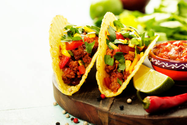 istock Mexican nachos chips and tacos with meat, beans and salsa 640083472