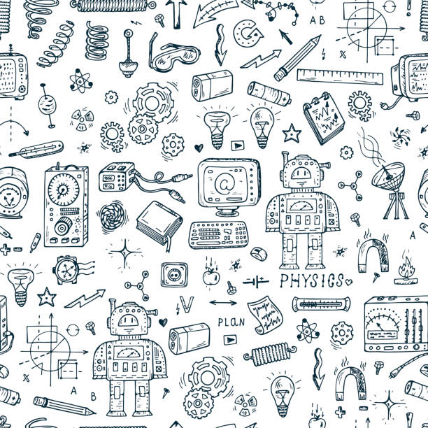 Physics. Science seamless pattern. Robot, Measuring equipment, instrumentation and elements Physics. Science seamless pattern. Hand drawn doodles Robot, Measuring equipment, instrumentation and elements ruler doodle stock illustrations