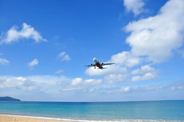 istock airplane landing over the sea 640085042