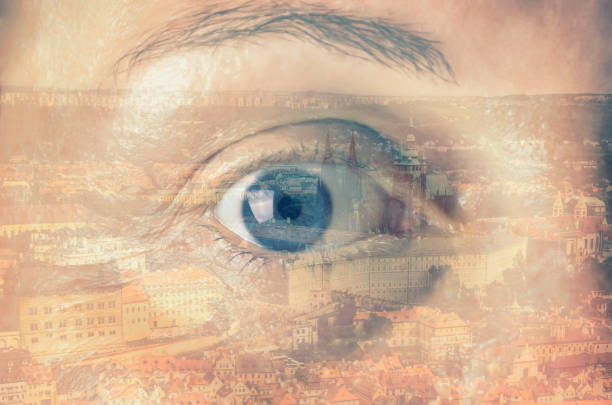 istock Double exposure image of an eye with city 640086724